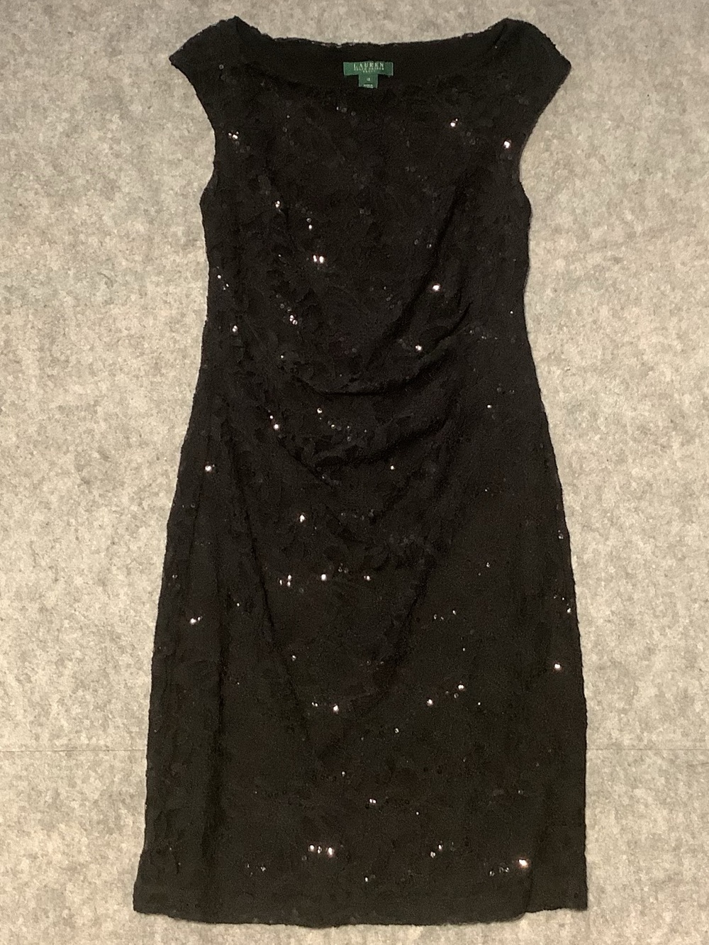Lauren Ralph Lauren Black Lace Sequin Midi Ruched Waist Dress Size 12